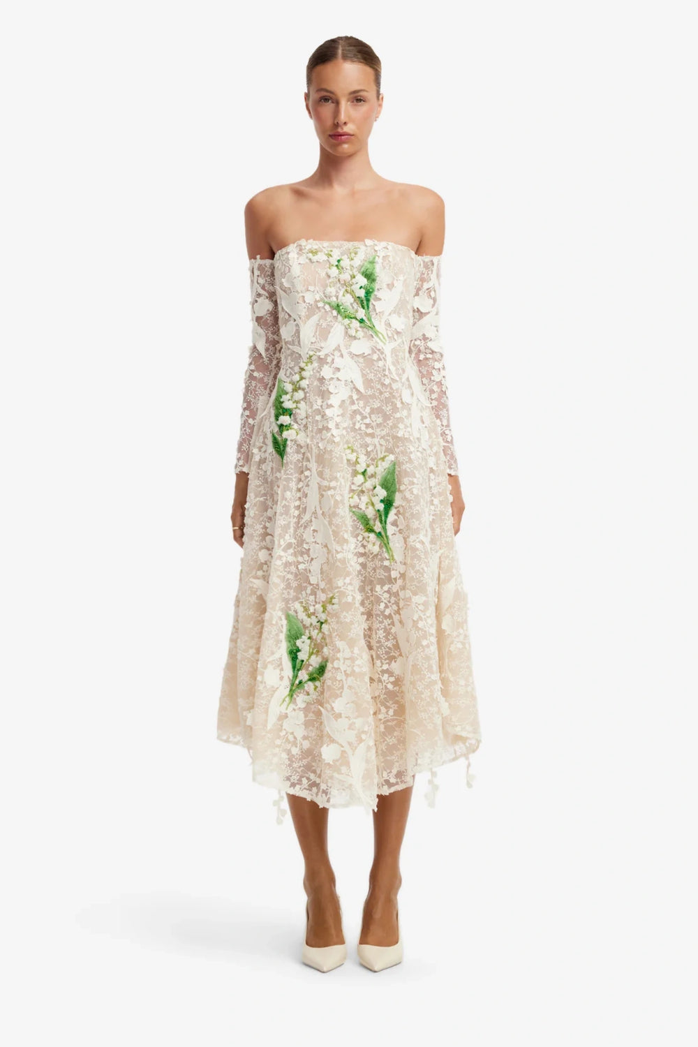 Off-Shoulder Embellished Lace Bustier Midi Dress by Leo Lin size 8