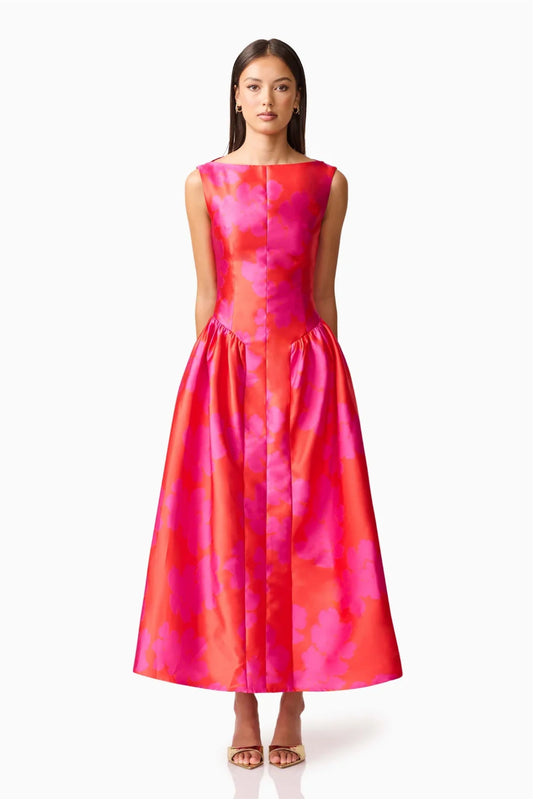 Eloise A-Line Midi Dress in Pink & Red By Elliatt