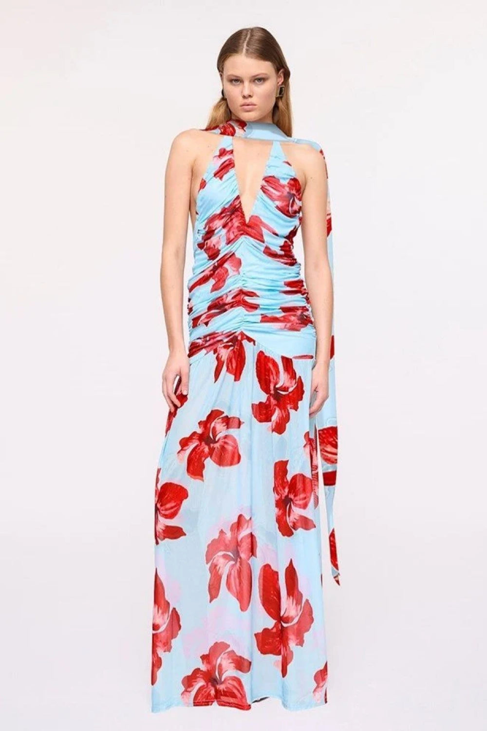 Chloe Floral Halter Mesh Plunge Maxi Dress – Blue Pink By Suboo