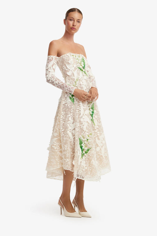Off-Shoulder Embellished Lace Bustier Midi Dress by Leo Lin size 8
