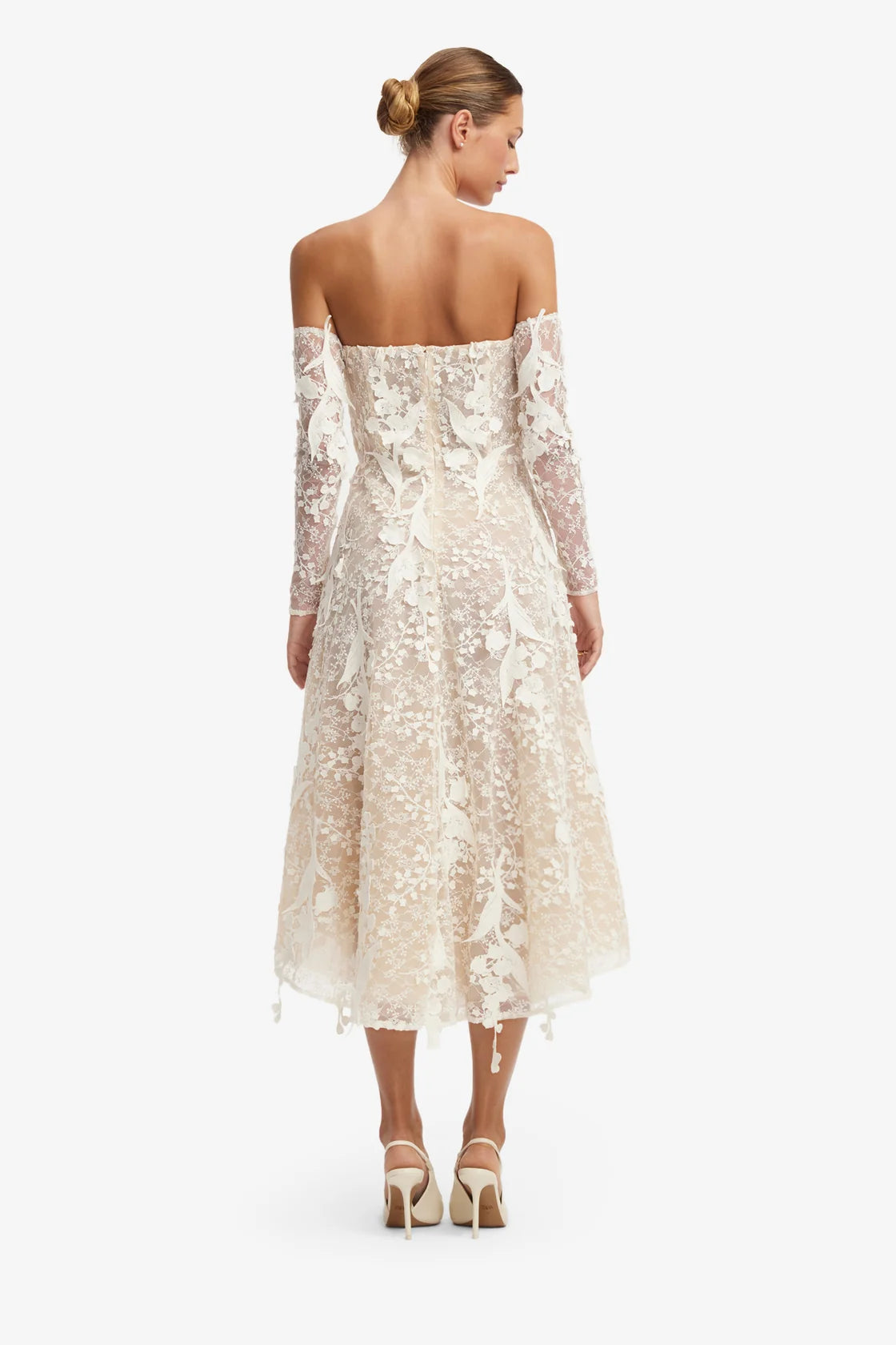 Off-Shoulder Embellished Lace Bustier Midi Dress by Leo Lin size 8
