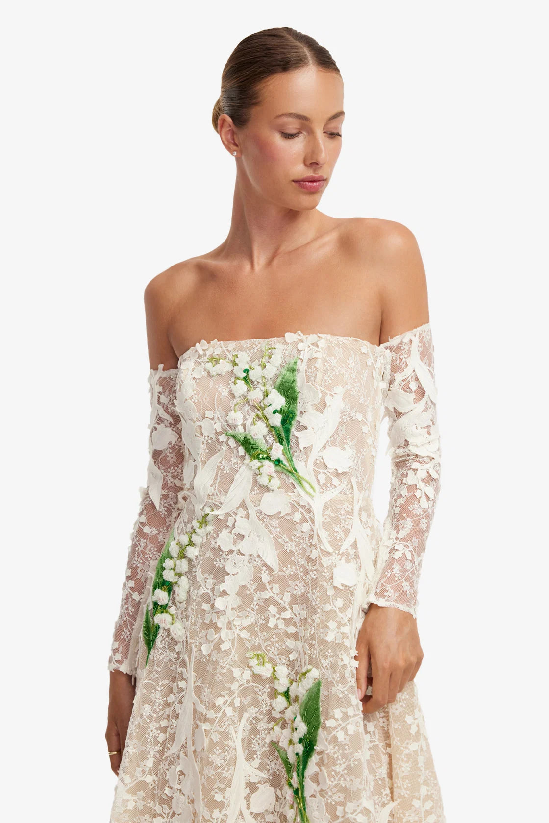 Off-Shoulder Embellished Lace Bustier Midi Dress by Leo Lin size 8