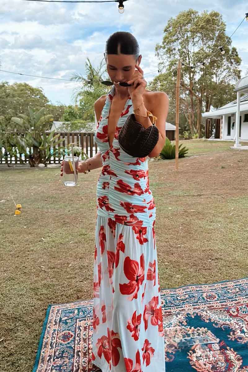 Chloe Floral Halter Mesh Plunge Maxi Dress – Blue Pink By Suboo